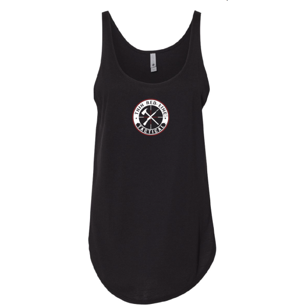 Front view of a black TRLT festival tank top with circular chest logo